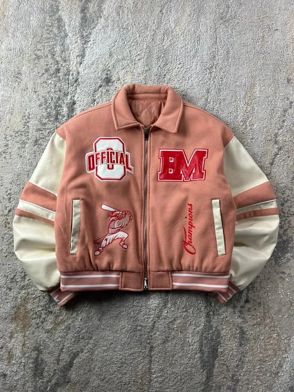 Chaqueta Varsity vintage Y2K rosa beige bordada con doble cremallera talla S – photo 3